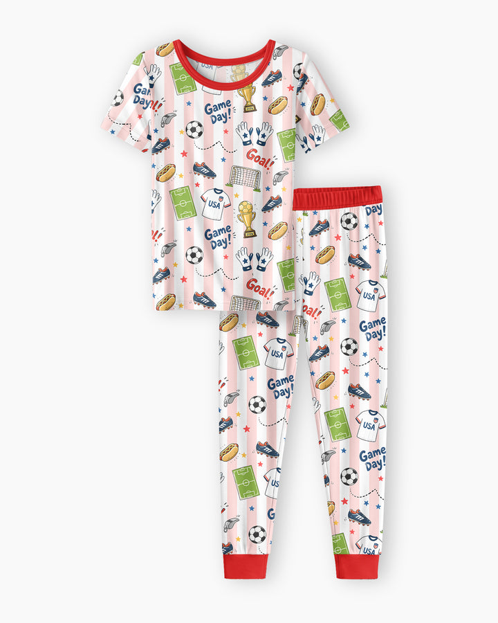 Striped Soccer Game Day Family Matching Bamboo Two Piece Short Sleeve Pajama Set