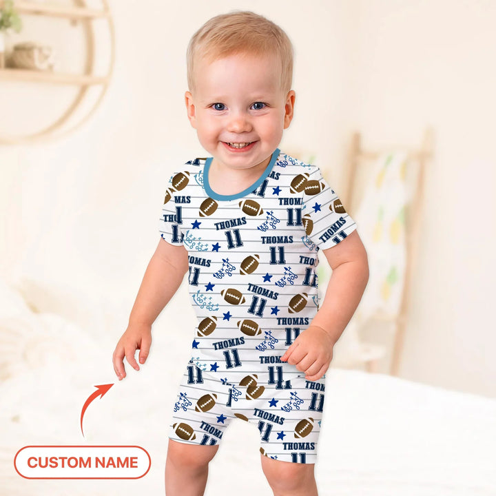 Custom Name Football Time Bamboo Two Piece Short Sleeve Shorts Pajama Set