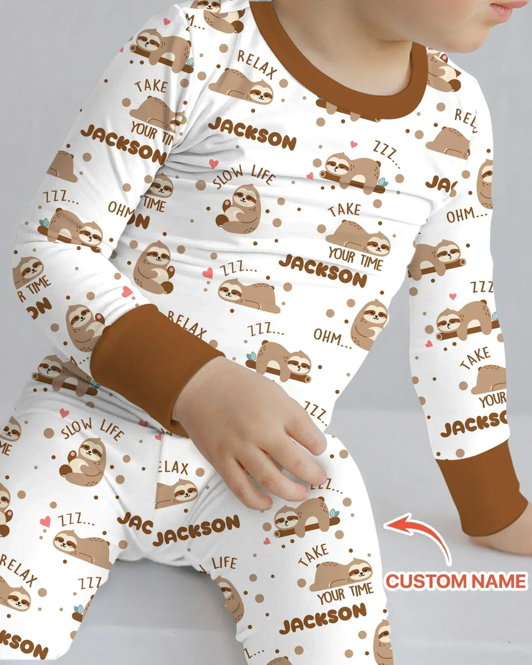 Custom Name Cute Sloth Bamboo Two Piece Long Sleeve Pajama Set