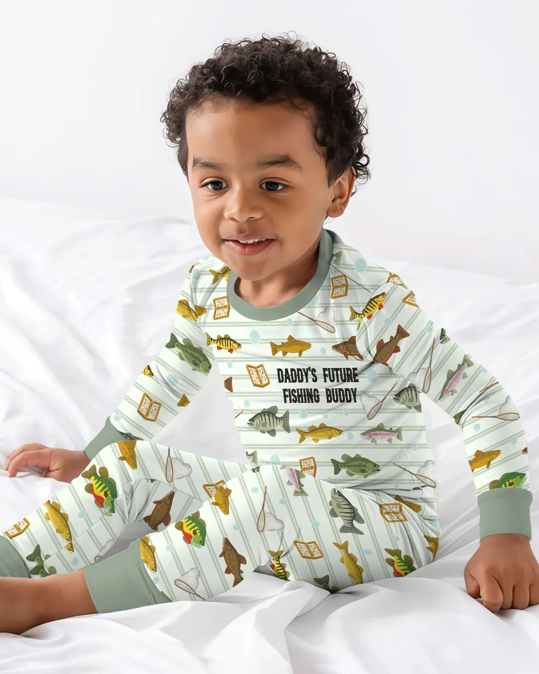 Embroidered Fishing Dad And Me Matching Bamboo Two Piece Long Sleeve Pajama Set