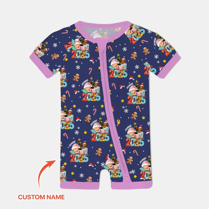 Custom Name Baby Girl's First Christmas Bamboo Shorty Zippy