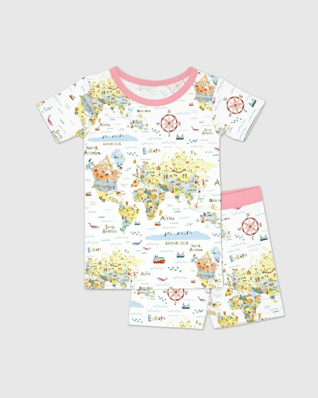 Whimsical World Map Family Matching Bamboo Two Piece Short Sleeve Shorts Pajama Set