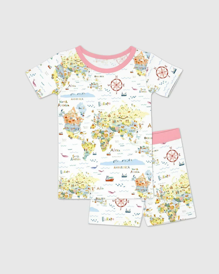 Whimsical World Map Family Matching Bamboo Two Piece Short Sleeve Shorts Pajama Set