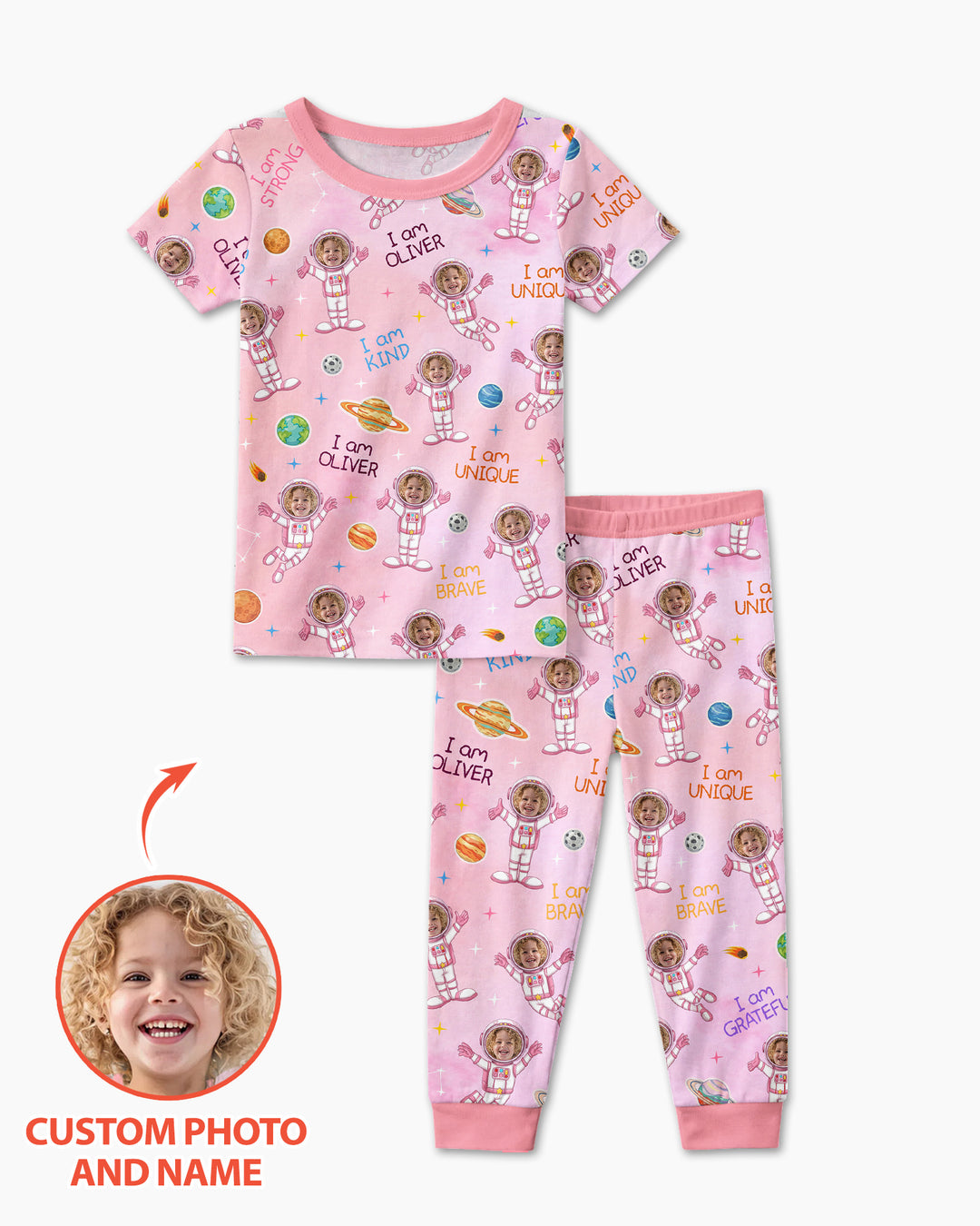 Custom Photo Kid Affirmations I Am Kind Astronaut Bamboo Two Piece Short Sleeve Shorts Pajama Set