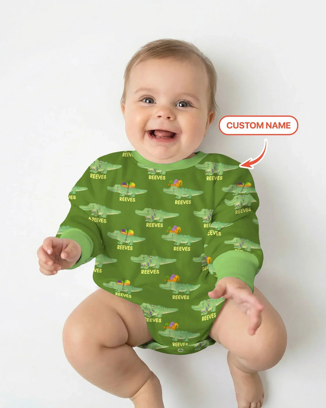 Custom Name Mardi Gras Gator Bamboo Bubble Romper