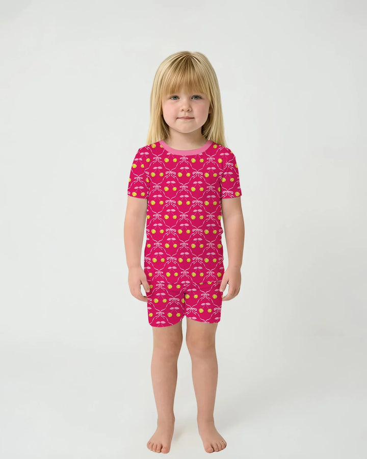 Cherry Baseball Softball Mom and Girl Matching Bamboo Two Piece Short Sleeve Shorts Pajama Set