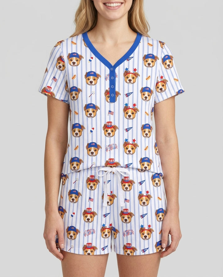 Custom Pet Image 4th of July Family Matching Bamboo Women Short Sleeve Short Pajama