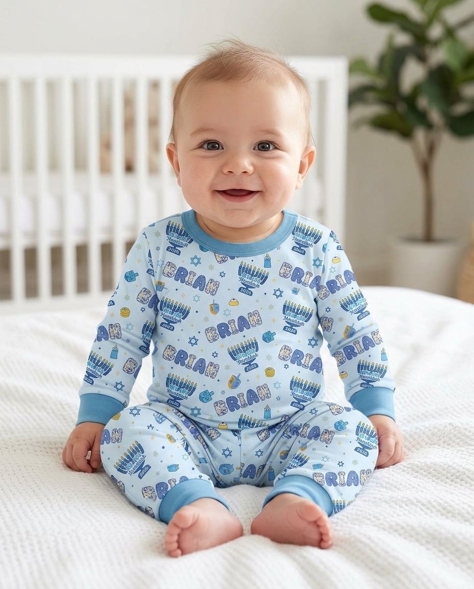 Custom name Happy Hanukkah 2026 Bamboo Two Piece Long Sleeve Pajama Set