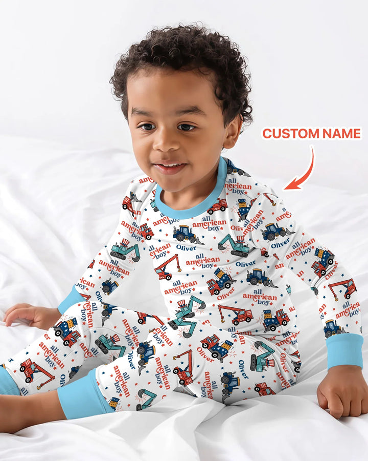 Custom Name All-American Boy Bamboo Two Piece Long Sleeve Pajama Set