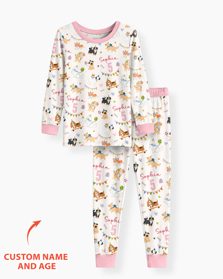 Custom Name Birthday Dogs Party Bamboo Two Piece Long Sleeve Pajama Set