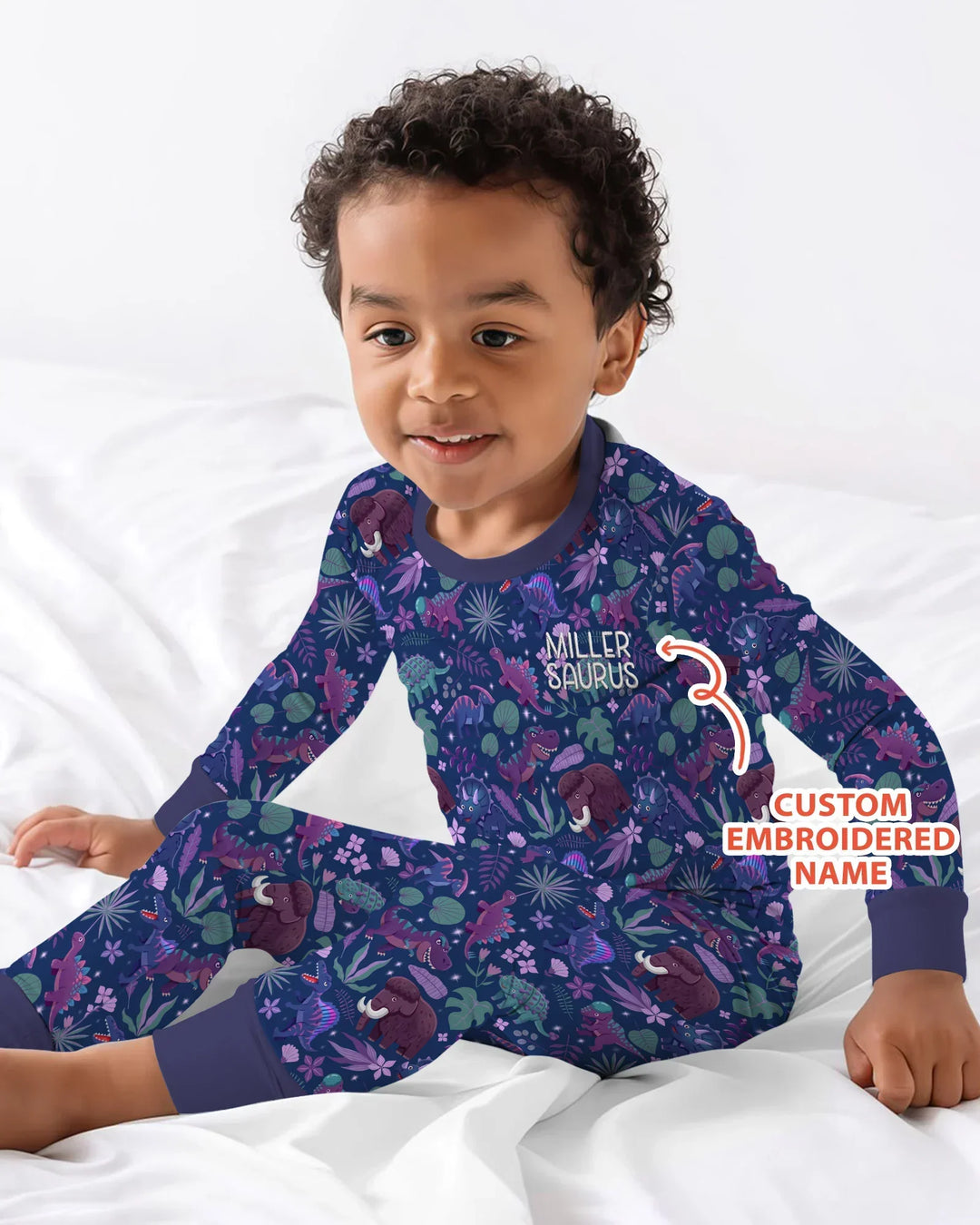 Custom Name Embroidered Dino Dream Night Bamboo Two Piece Long Sleeve Pajama Set