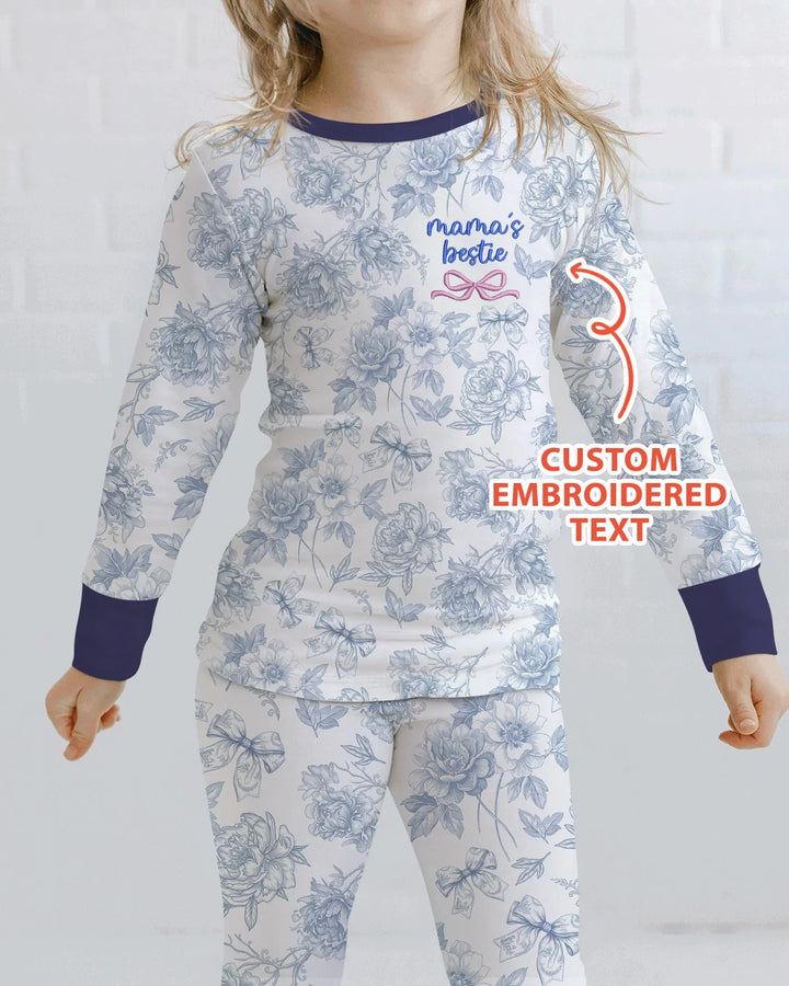 Custom Embroidered Mommy and Me Toile Matching Bamboo Two Piece Long Sleeve Pajama Set