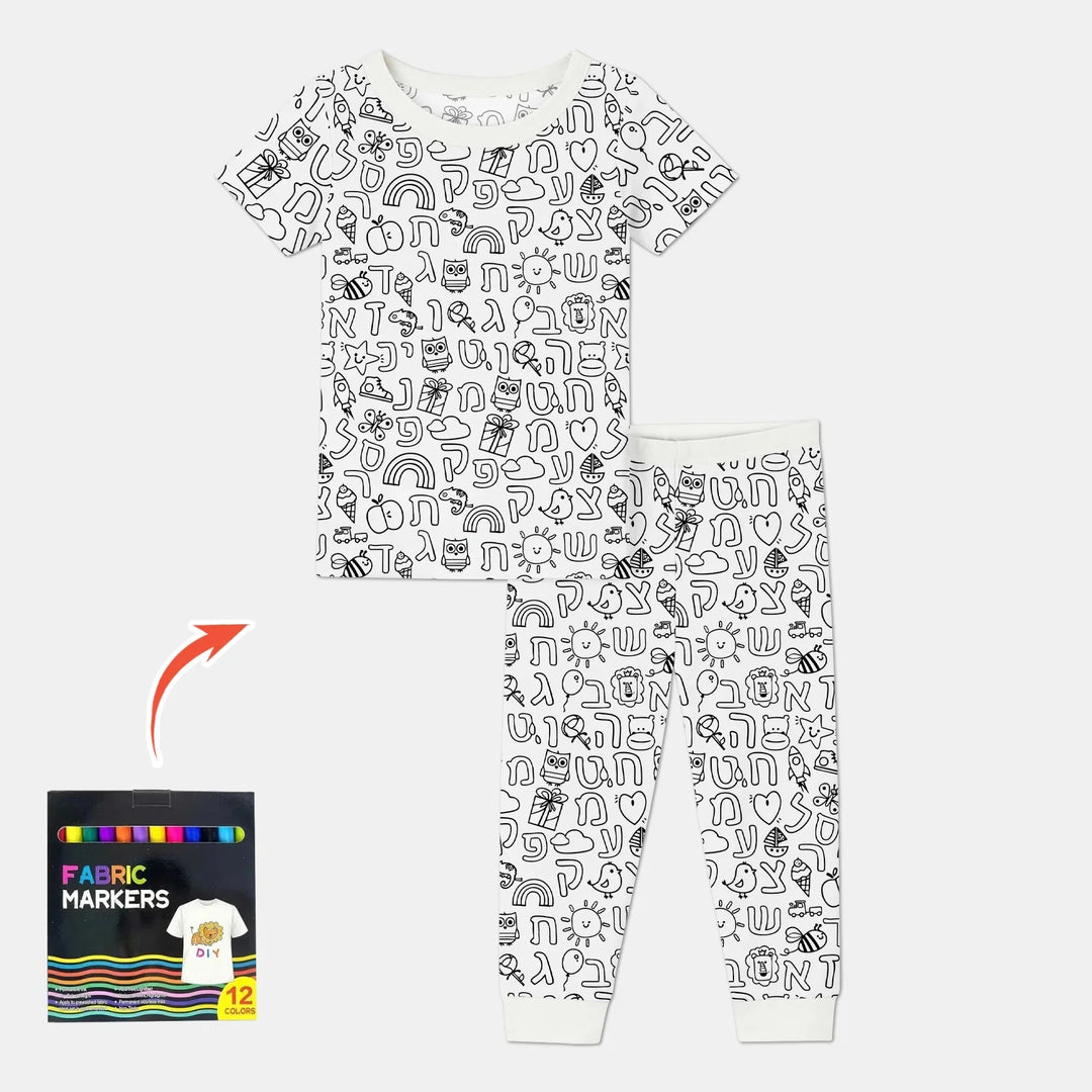 Hebrew Alphabet Colorable Bamboo Two Piece Short Sleeve Pajama Set