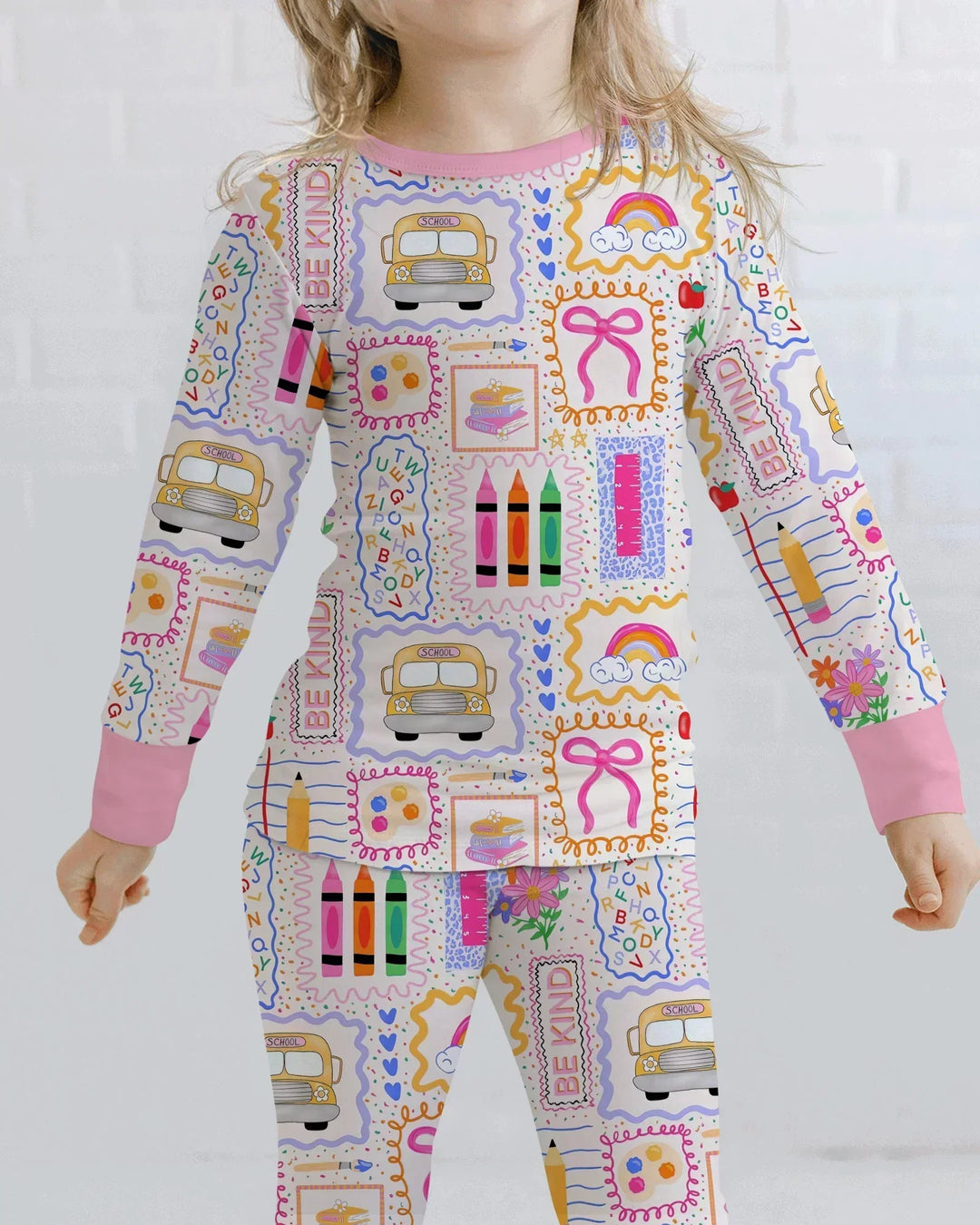 Colorful Doodle School Bamboo Two Piece Long Sleeve Pajama Set