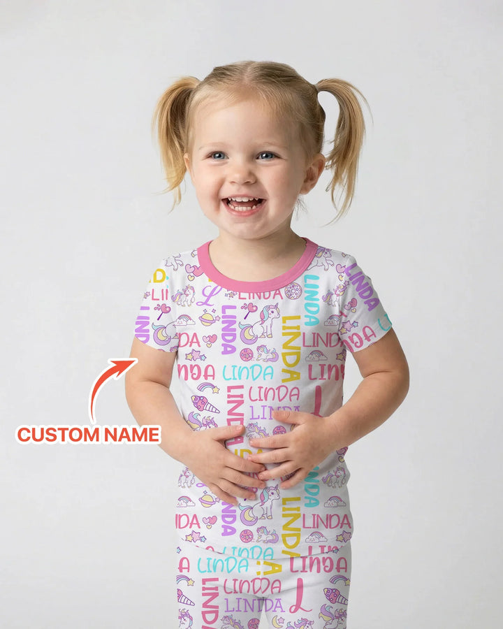 Personalized Fantasy Unicorn Word Bamboo Two Piece Short Sleeve Pajama Set