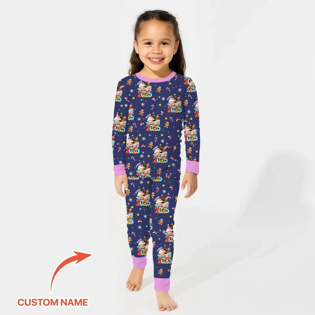 Custom Name Baby Girl's First Christmas Bamboo Two Piece Long Sleeve Pajama Set