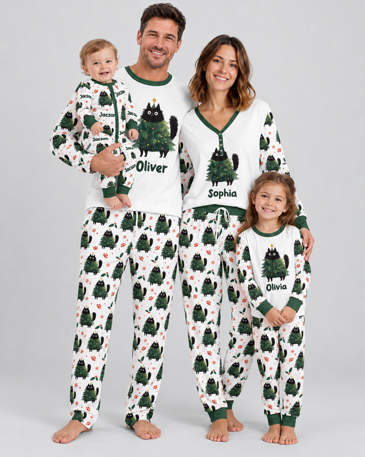 Custom Name Black Cat Christmas Bamboo Two Piece Long Sleeve Pajama Set