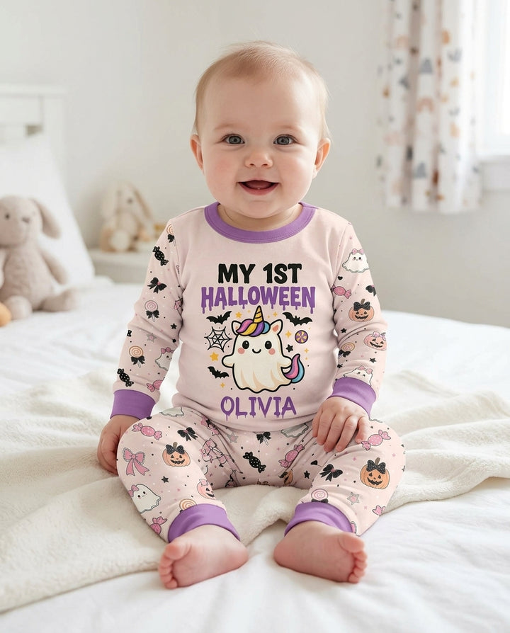 Custom Name Cute Ghost My First Halloween  Bamboo Two Piece Long Sleeve Pajama Set