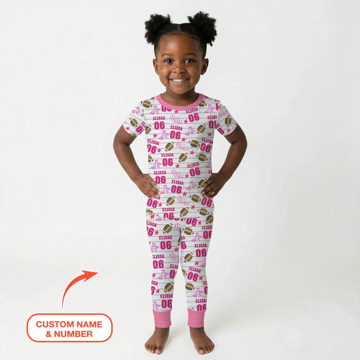 Custom Name Football Time Pink Bamboo Two Piece Short Sleeve Pajama Set