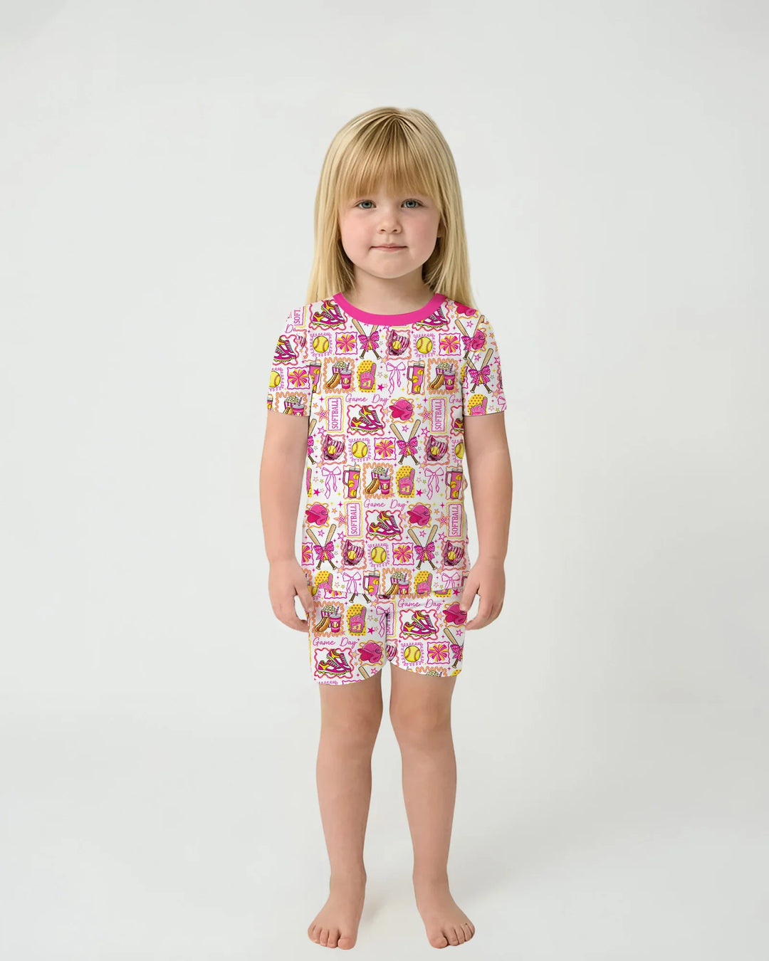 Pink Softball Game Day Bamboo Two Piece Short Sleeve Shorts Pajama Set