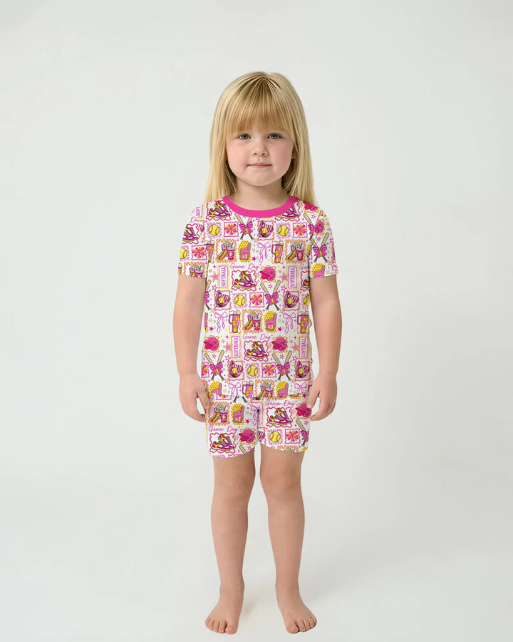 Pink Softball Game Day Bamboo Two Piece Short Sleeve Shorts Pajama Set