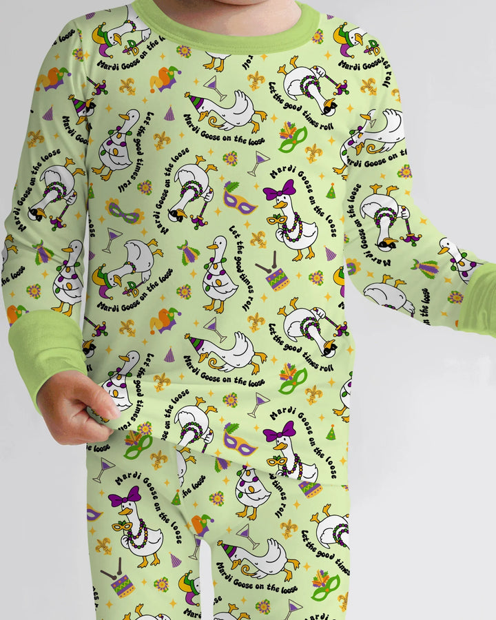 Mardi Gras Silly Goose Bamboo Two Piece Long Sleeve Pajama Set