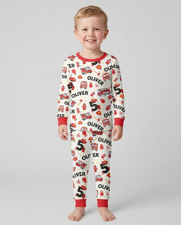 Custom Name Fire Truck Birthday Boy Bamboo Two Piece Long Sleeve Pajama Set