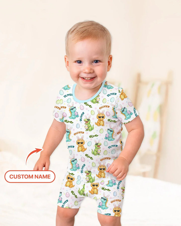 Custom Name Dinosaur on the Hunt Bamboo Two Piece Short Sleeve Shorts Pajama Set