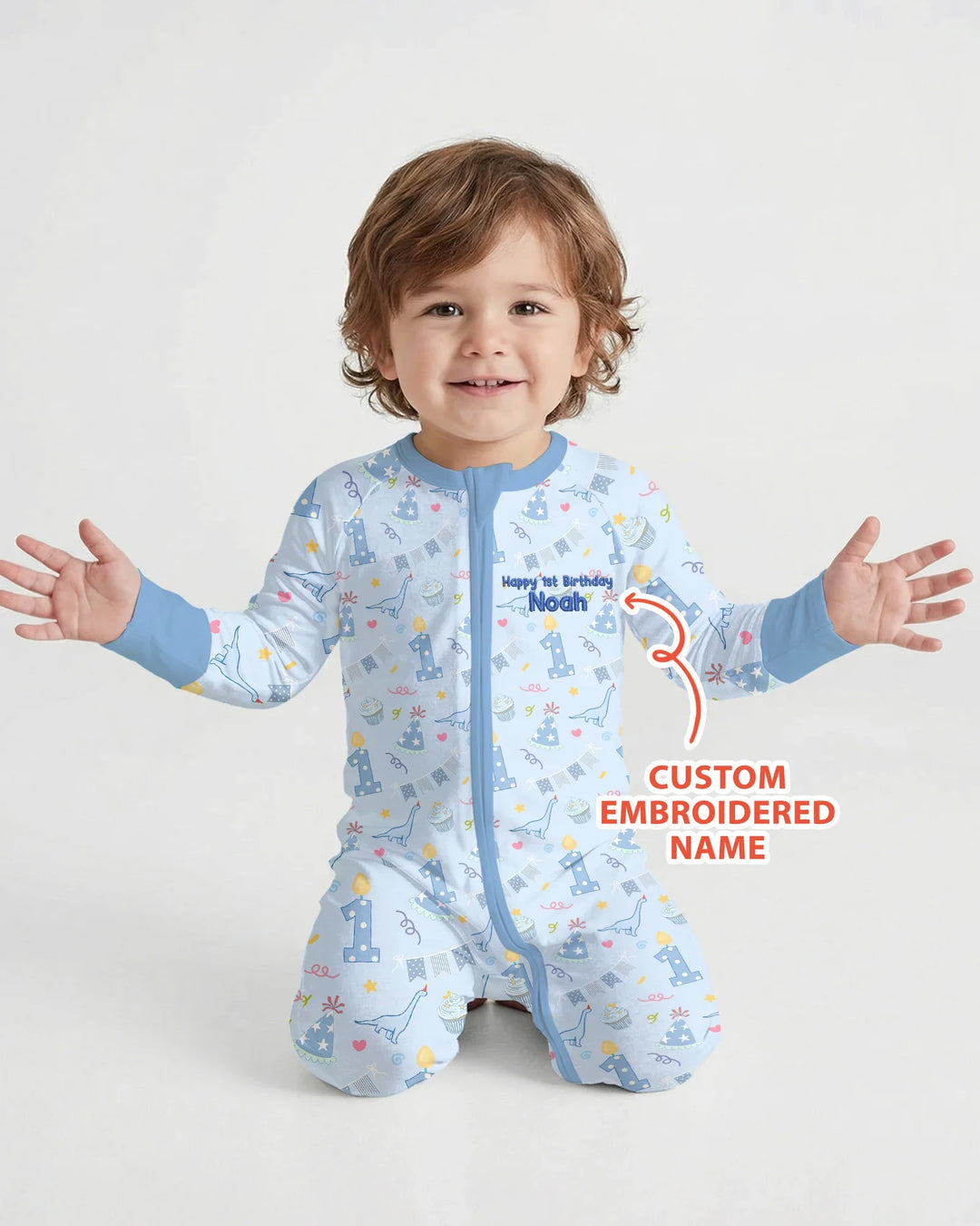 Personalized 1st Birthday Boy Embroidered Baby Bamboo Convertible Zippy