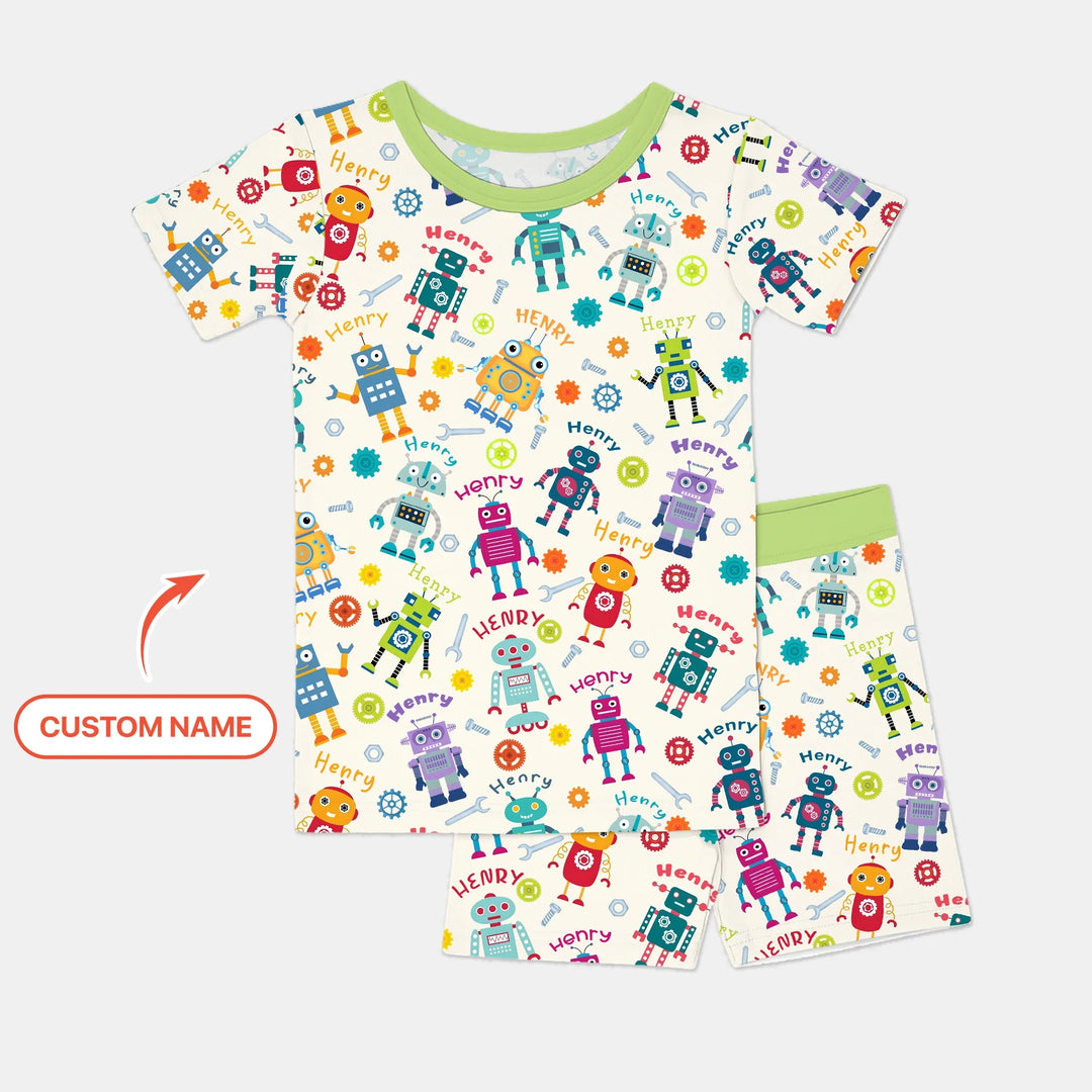 Robo Buddy Squad Custom Name Bamboo Two Piece Short Sleeve Shorts Pajama Set