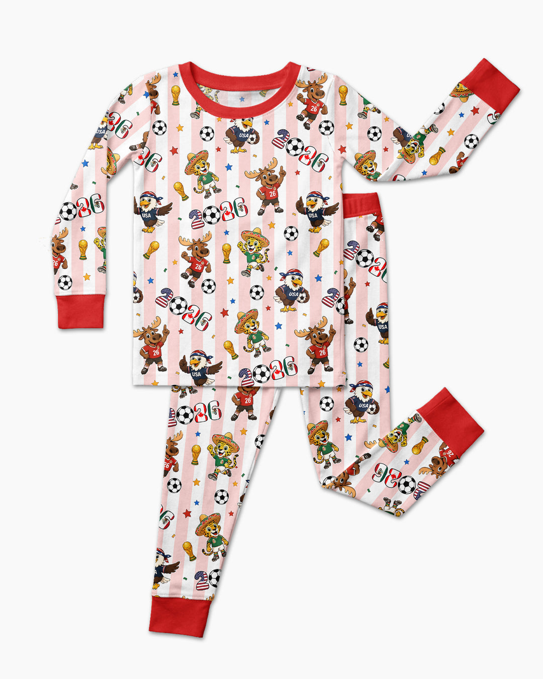 Striped Cute Mascots Soccer Cup 2026 Bamboo Two Piece Long Sleeve Pajama Set