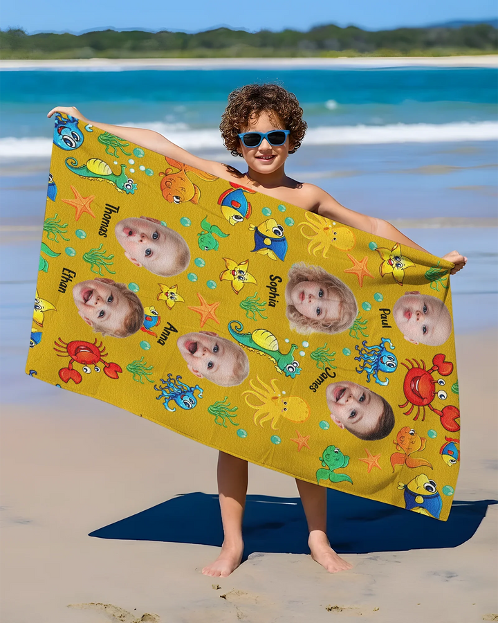 Custom Photo Cute Kid Face Watercolor Sea Creatures Summery Bamboo Beach Towel
