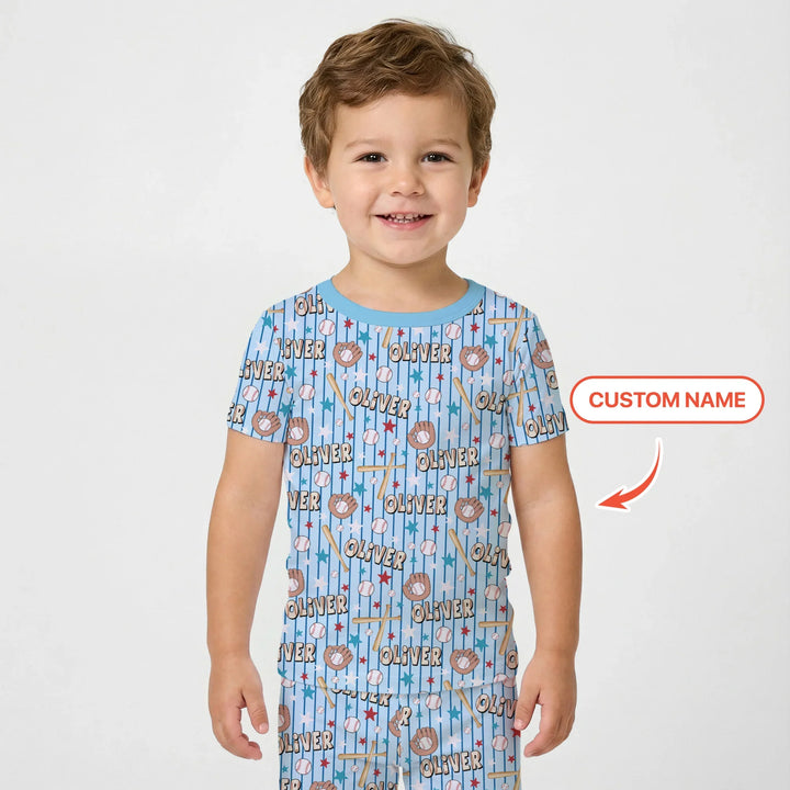 Custom name Little Baller Bamboo Two Piece Short Sleeve Pajama Set