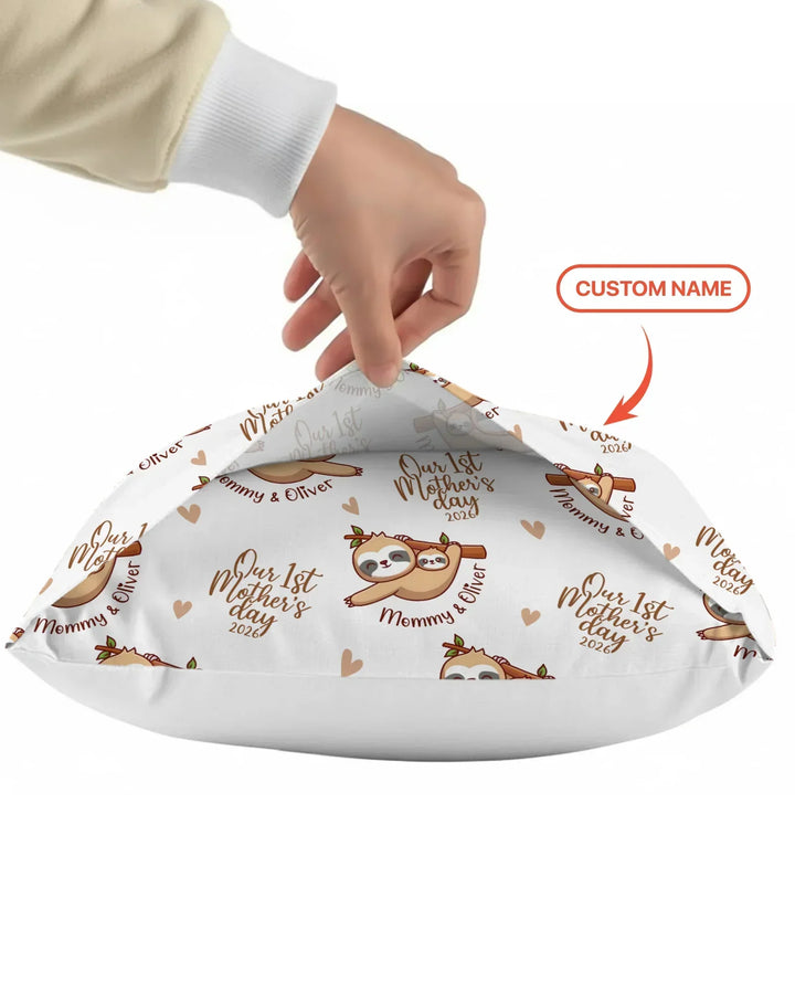 Custom Name Mama & Baby Sloth – Our First Mother’s Day 2026 Bamboo Pillow Case