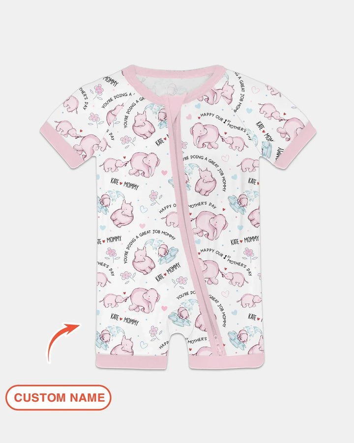 Custom Name Mother & Baby Elephant Bamboo Shorty Zippy
