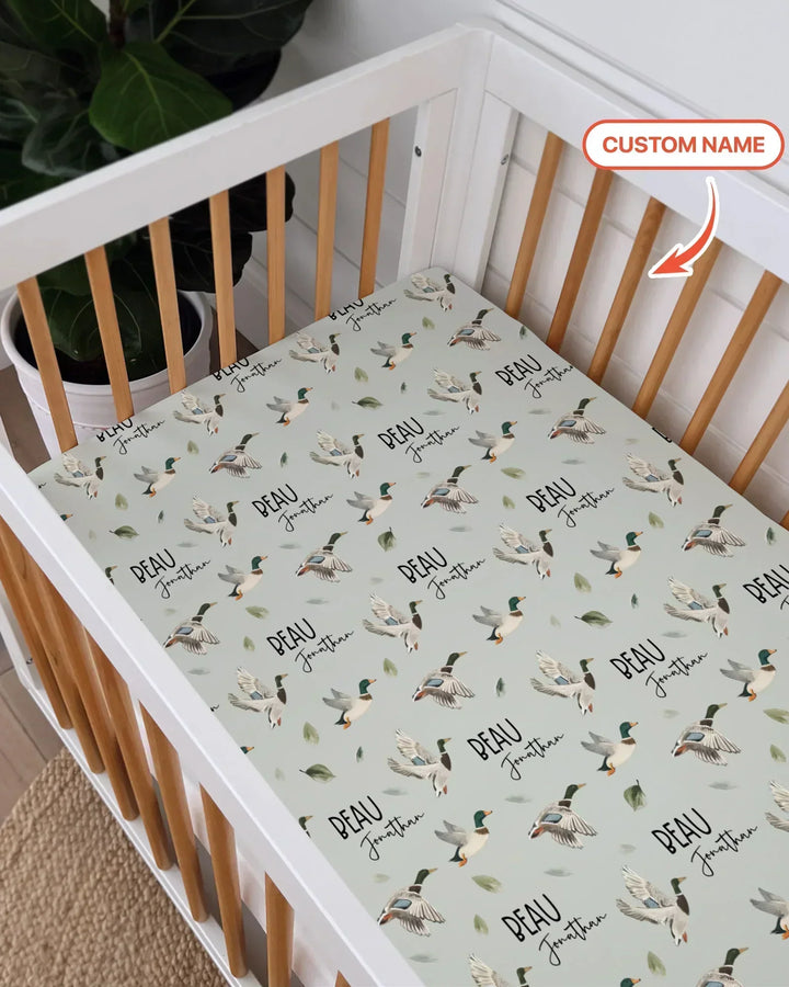 Custom Name Mallard Duck Bamboo Fitted Crib Sheet