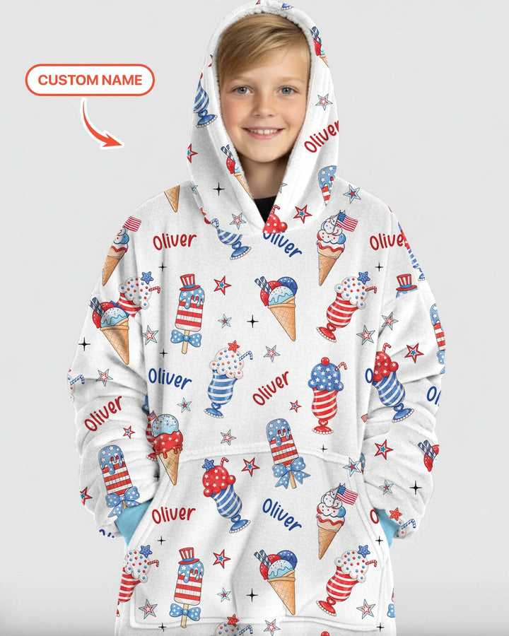 Custom Name Red, White & Ice Cream Bamboo Blanket Hoodie