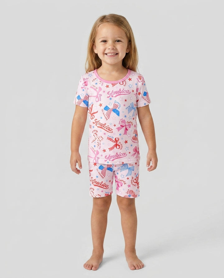 Pink Girly Patriotic  Bamboo Two Piece Short Sleeve Shorts Pajama Set