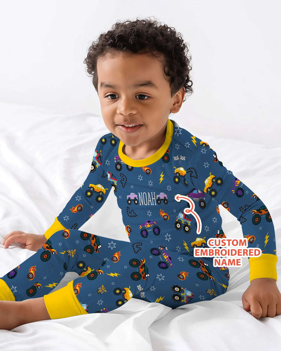 Custom Name Embroidered Crazy Truck Bamboo Two Piece Long Sleeve Pajama Set