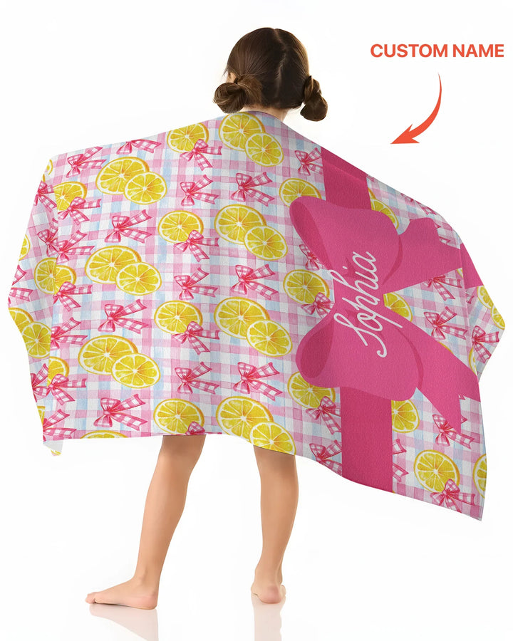 Custom Name Pink Lemons Bows Checkered Bamboo Beach Towel