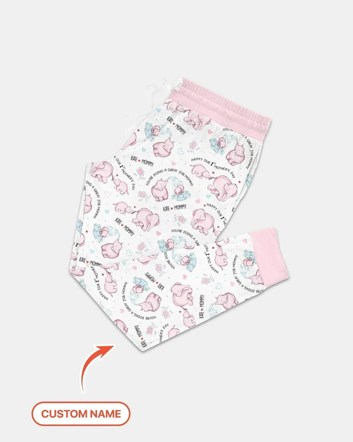 Custom Name Mother & Baby Elephant Bamboo Women Pajama Set