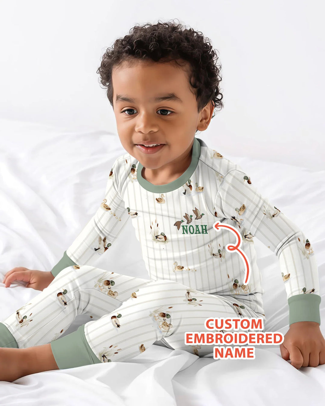 Custom Embroidered Name Mallard Duck  Bamboo Two Piece Long Sleeve Pajama Set