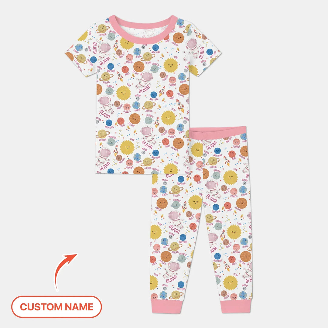 Custom Name Little's Kid into Universer Bamboo Two Piece Short Sleeve Pajama Set