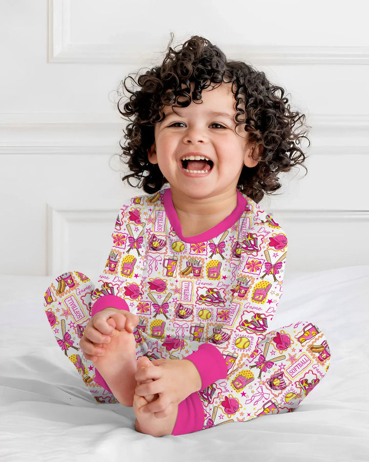 Pink Softball Game Day Bamboo Two Piece Long Sleeve Pajama Set