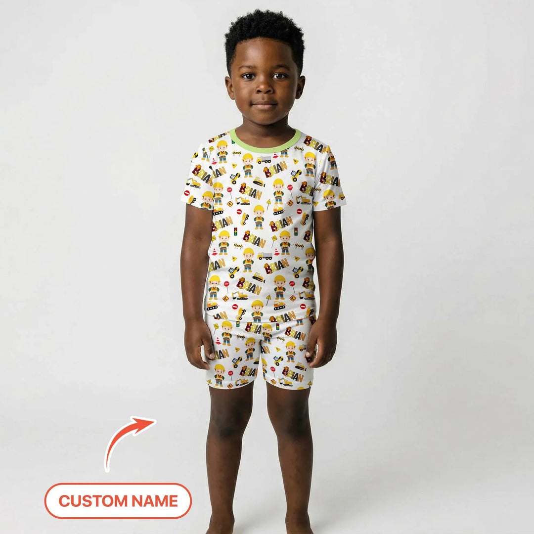 Custom Name Doodle Little Builder Bamboo Two Piece Short Sleeve Shorts Pajama Set