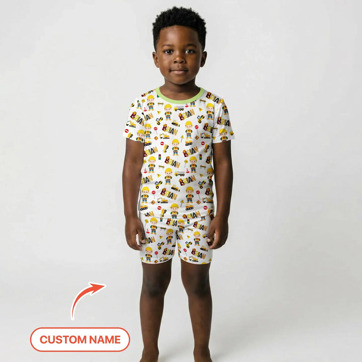 Custom Name Doodle Little Builder Bamboo Two Piece Short Sleeve Shorts Pajama Set