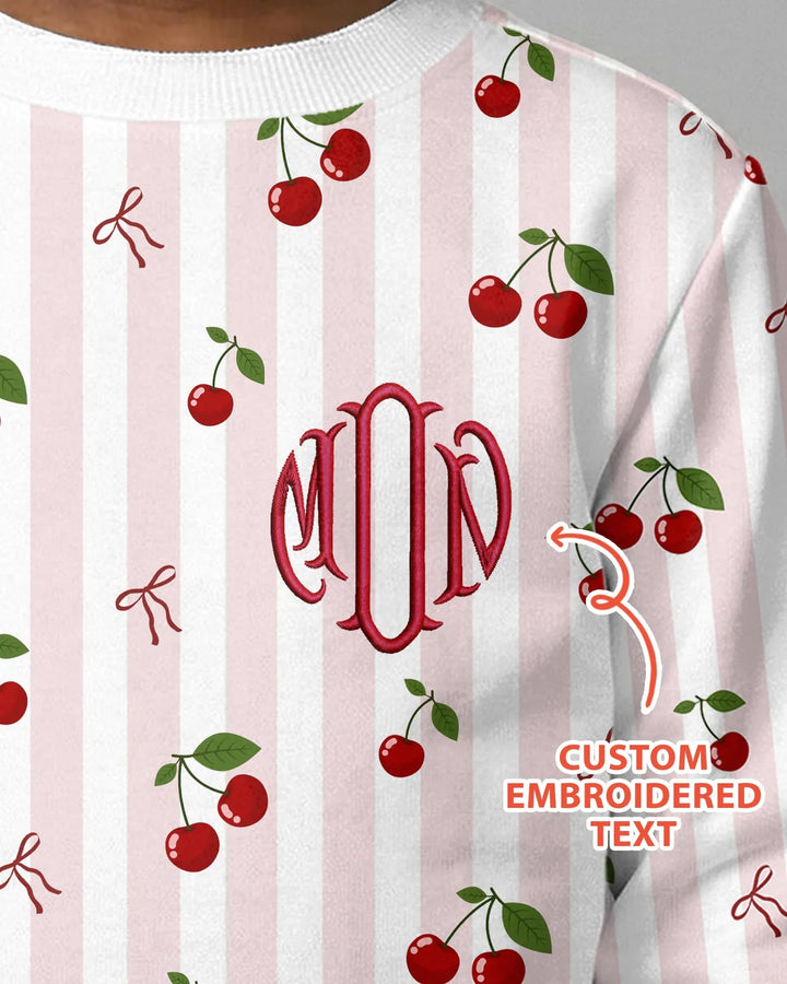 Personalized Embroidered Monogram Letter Cherry Bamboo Crewneck Sweatshirt