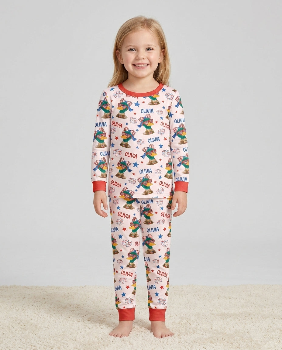Custom Name Patriotic Mallard Duck Bamboo Two Piece Long Sleeve Pajama Set