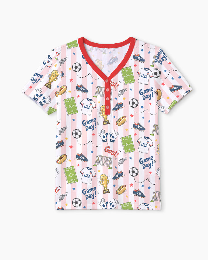 Striped Soccer Game Day Family Matching Bamboo Women Short Sleeve Short Pajama Set