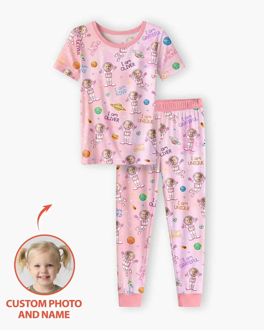 Custom Photo Kid Affirmations I Am Kind Astronaut Bamboo Two Piece Short Sleeve Shorts Pajama Set
